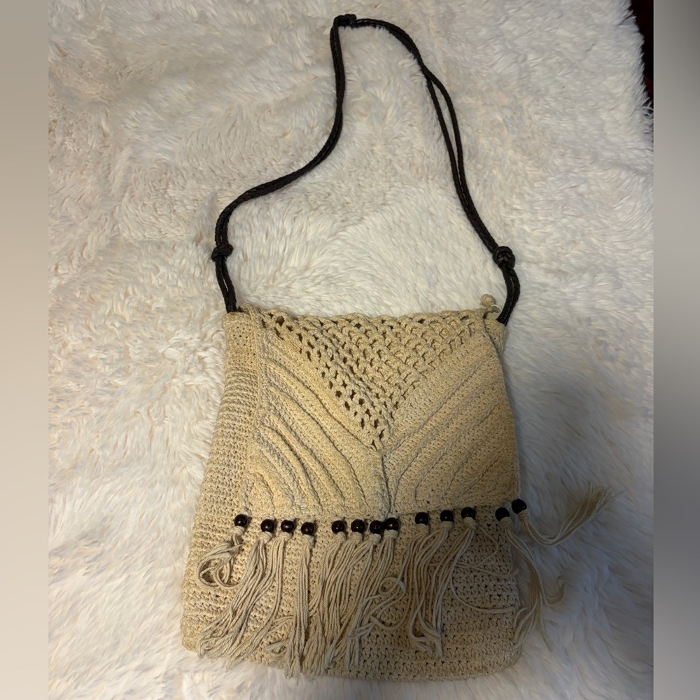Boho Crochet Fringe Shoulder Bag in Beige